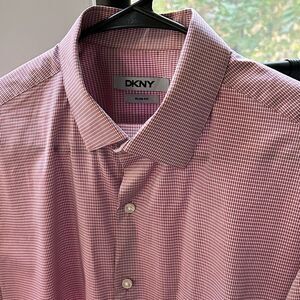 DKNY Tailored Mens Shirt Reddish Pink Check Approximate Size Large *See Details
